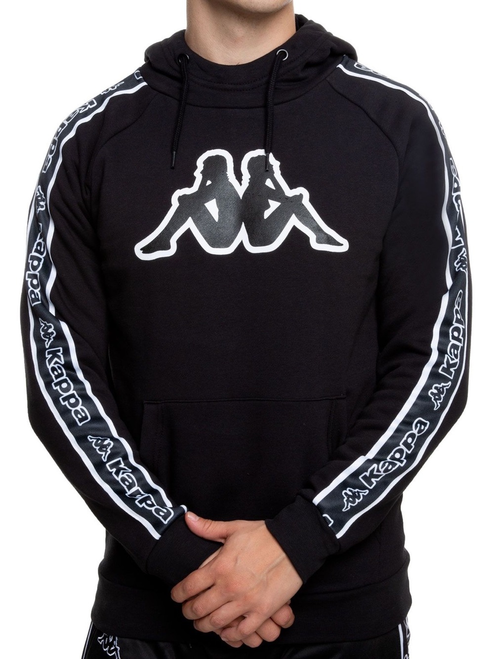 Kappa Logo Black Hoodie Sweatshirt with Sleeve Tape Pullover Streetwear XL